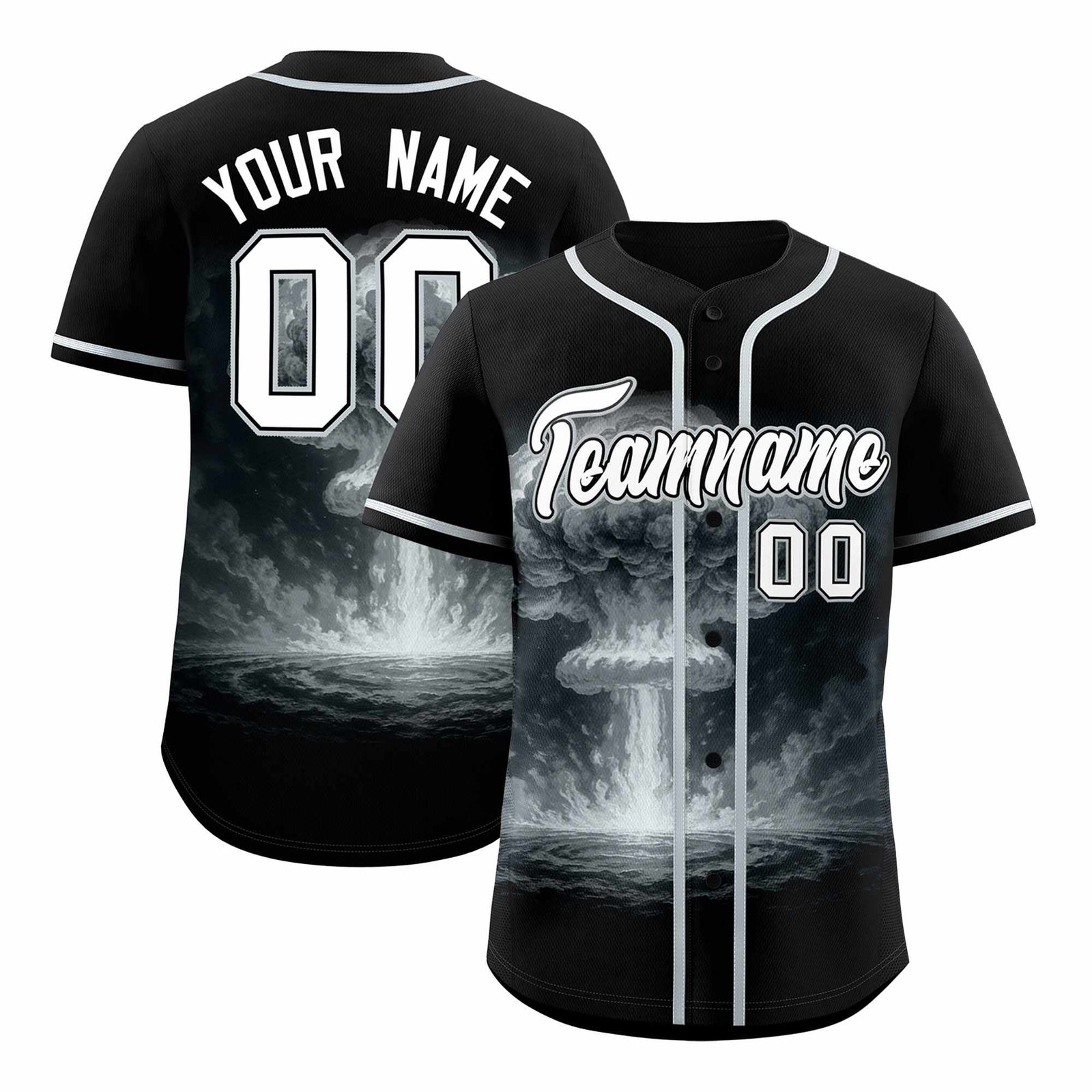 Custom Black Silver Full Button Nuclear Blast Graffiti Pattern Authentic Baseball Jersey