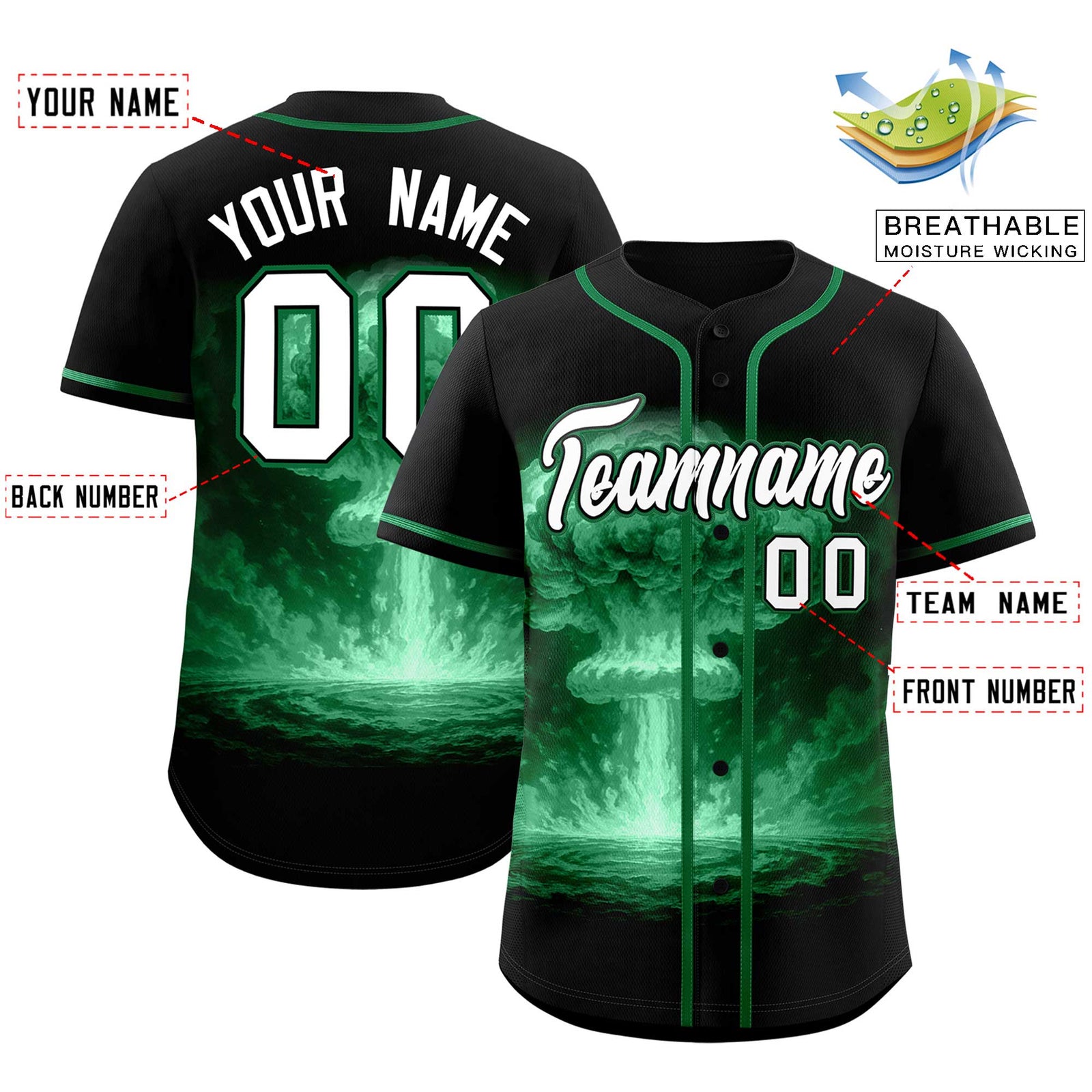 Custom Black Kelly Green Full Button Nuclear Blast Graffiti Pattern Authentic Baseball Jersey