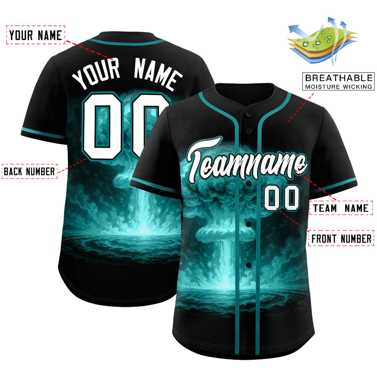 Custom Black Teal Full Button Nuclear Blast Graffiti Pattern Authentic Baseball Jersey