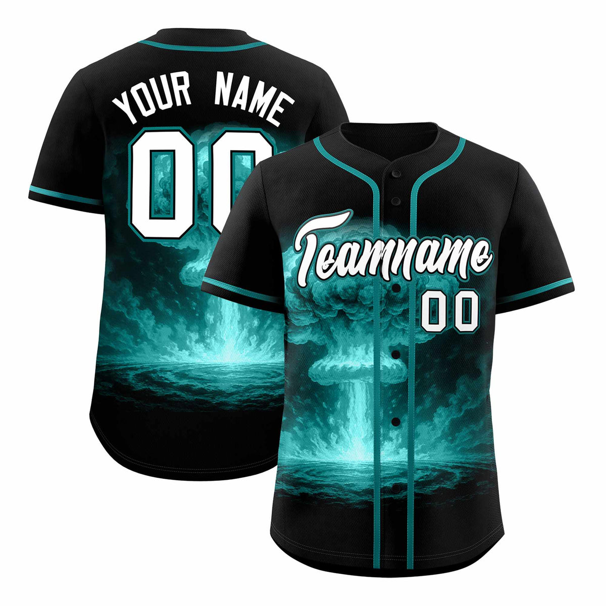 Custom Black Teal Full Button Nuclear Blast Graffiti Pattern Authentic Baseball Jersey