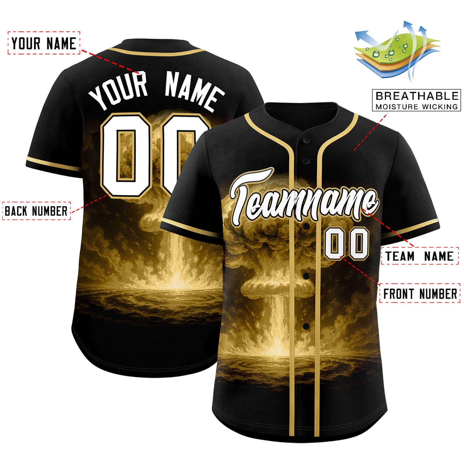 Custom Black Old Gold Full Button Nuclear Blast Graffiti Pattern Authentic Baseball Jersey
