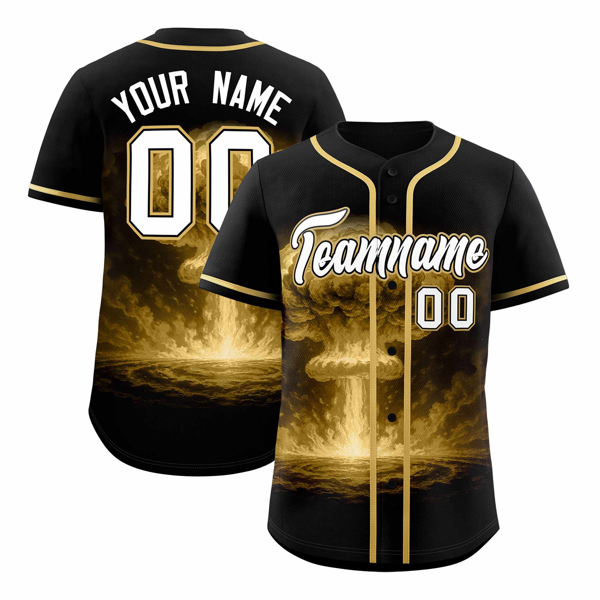 Custom Black Old Gold Full Button Nuclear Blast Graffiti Pattern Authentic Baseball Jersey