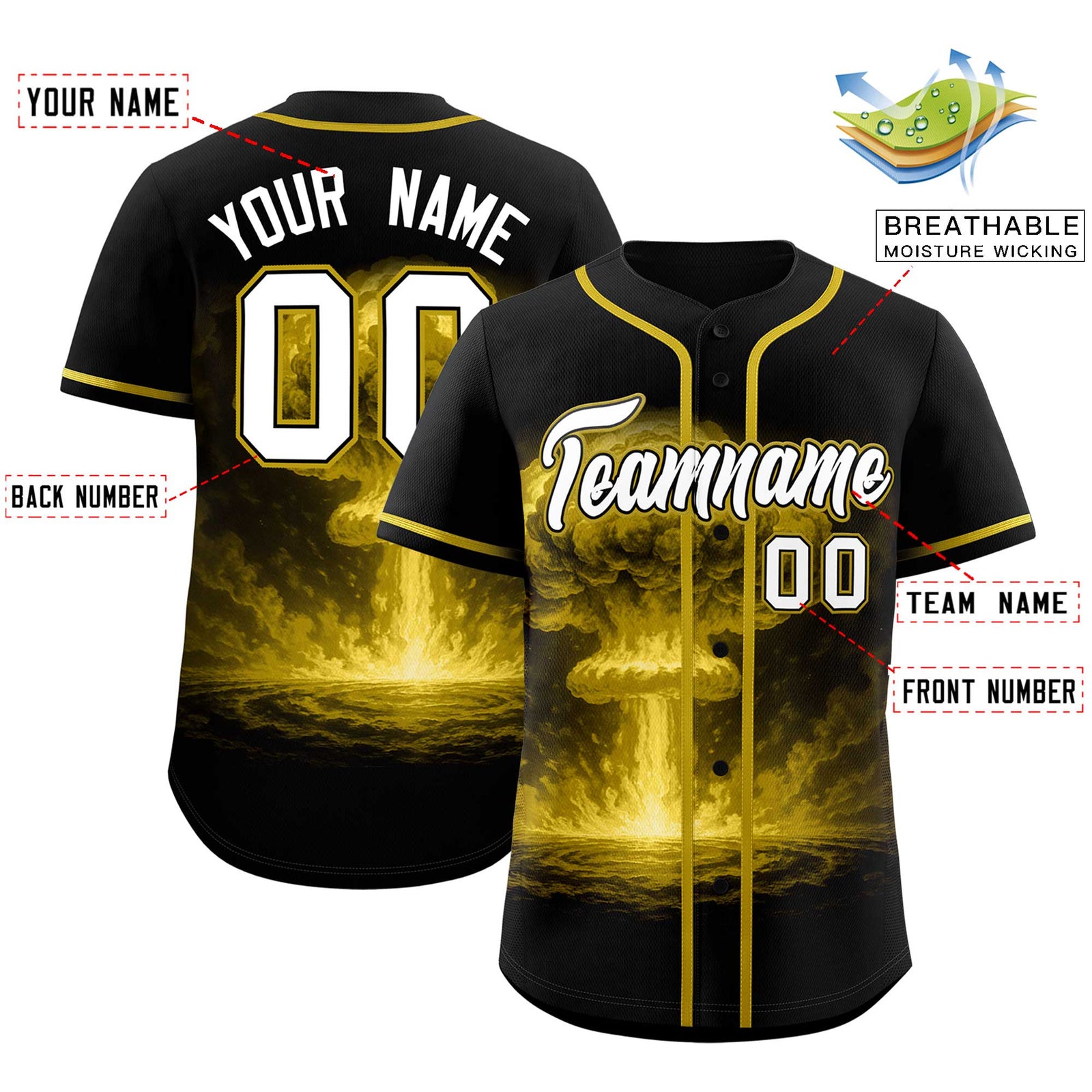 Custom Black Old Gold Full Button Nuclear Blast Graffiti Pattern Authentic Baseball Jersey