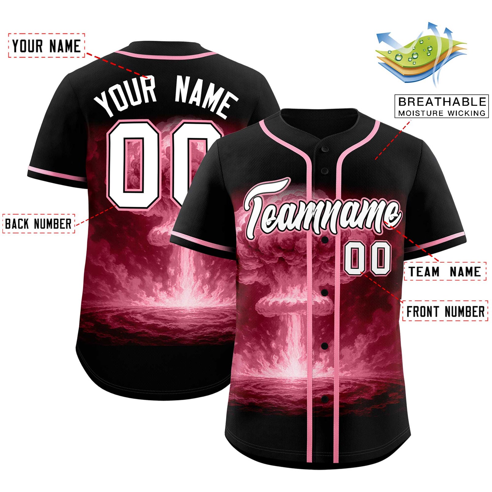 Custom Black Light Pink Full Button Nuclear Blast Graffiti Pattern Authentic Baseball Jersey