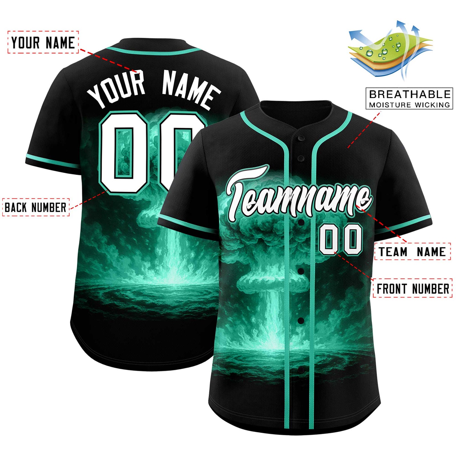 Custom Black Bright Green Full Button Nuclear Blast Graffiti Pattern Authentic Baseball Jersey