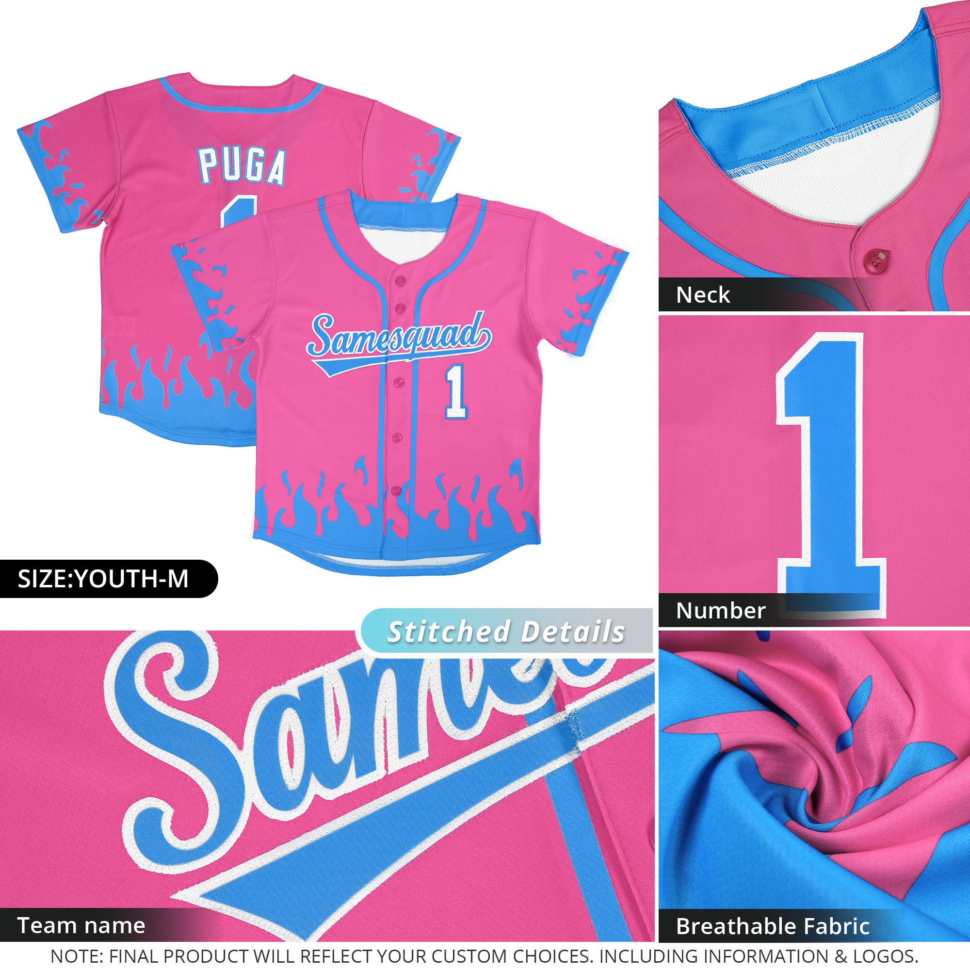 Custom Pink Powder Blue Personalized Flame Graffiti Pattern Authentic Baseball Jersey
