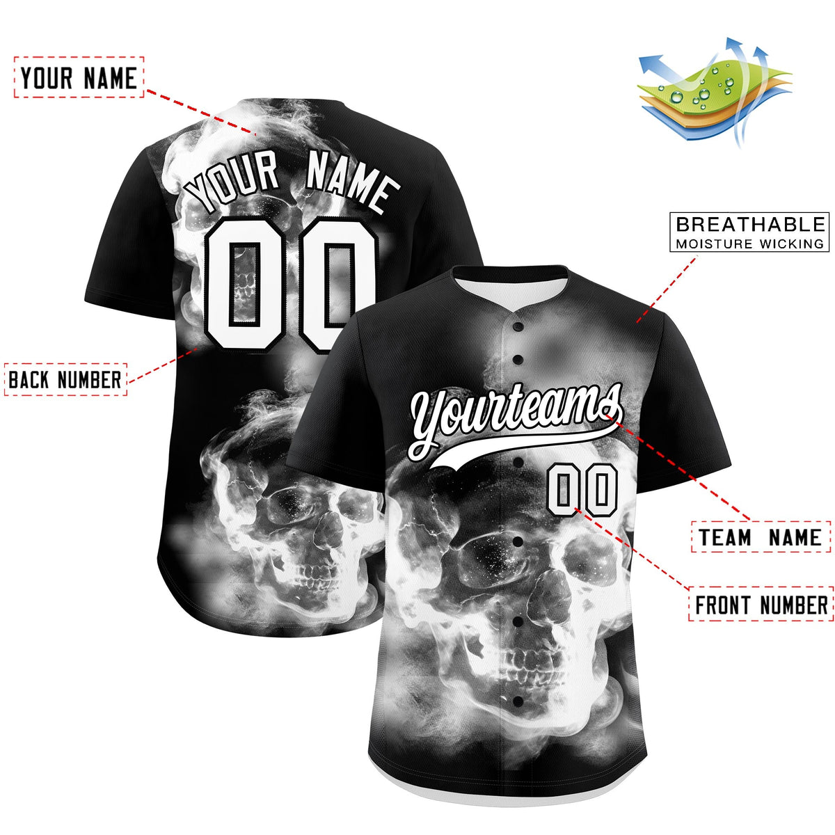 Custom Black White skeleton Graffiti Pattern Lightweight Baseball Jersey| KXKSHOP