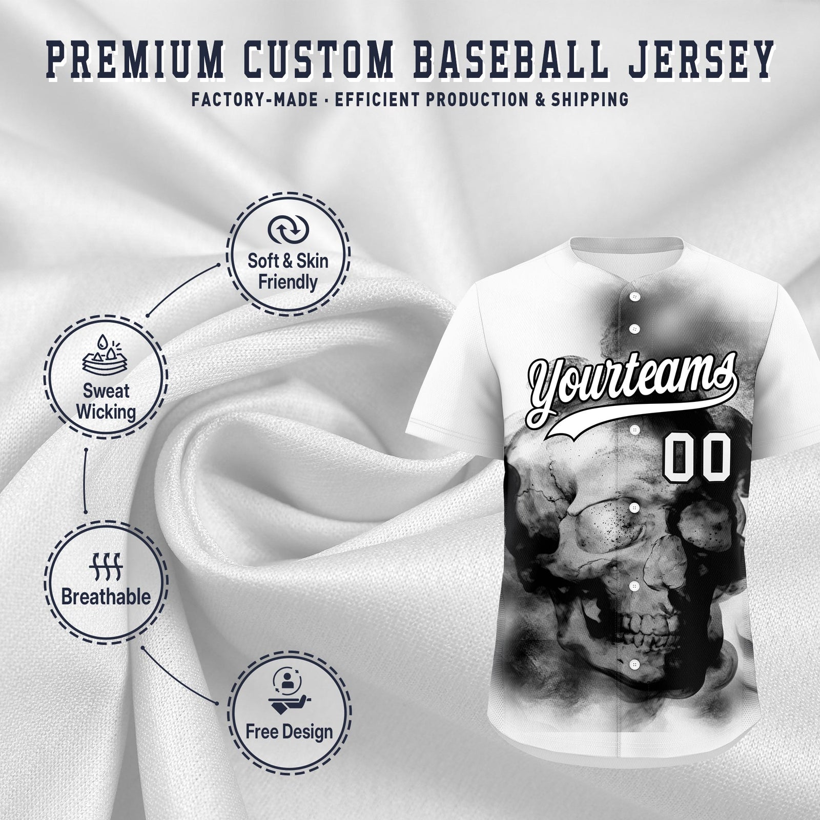 Custom White Black skeleton Graffiti Pattern Quick Dry Baseball Jersey| KXKSHOP