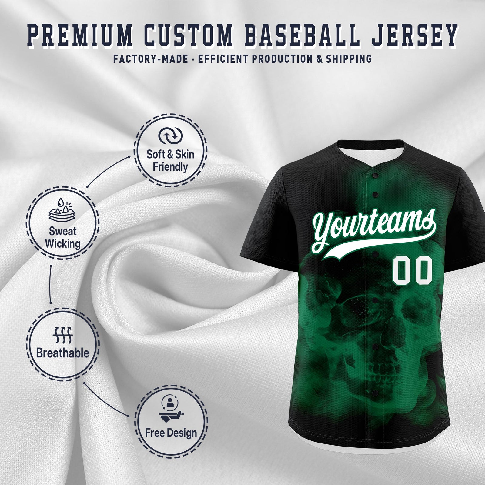 Custom Black Kelly Green White skeleton Graffiti Pattern Quick Dry Baseball Jersey| KXKSHOP