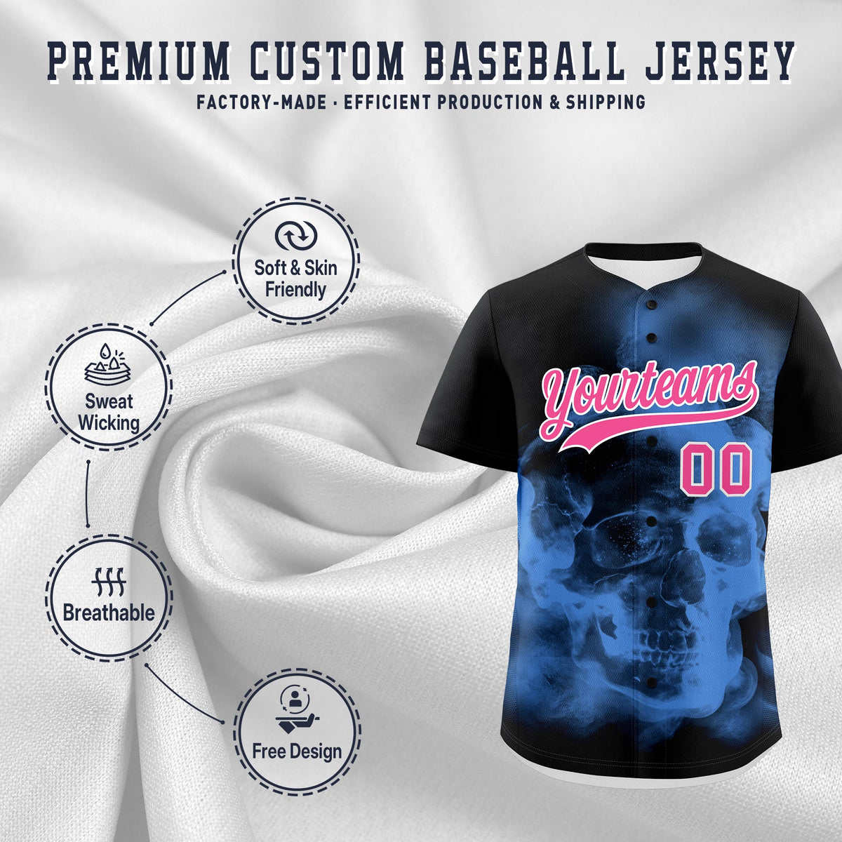 Custom Black Powder Blue Pink skeleton Graffiti Pattern Quick Dry Baseball Jersey| KXKSHOP