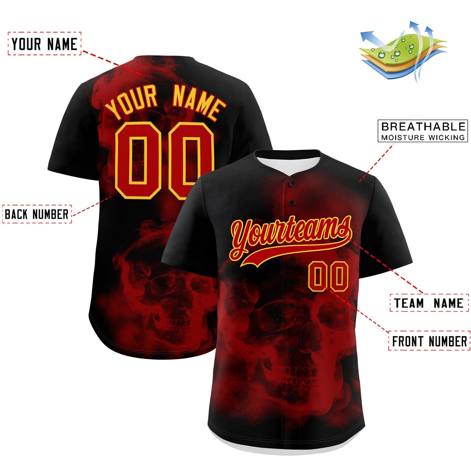 Custom Black Red Gold skeleton Graffiti Pattern Quick Dry Baseball Jersey| KXKSHOP