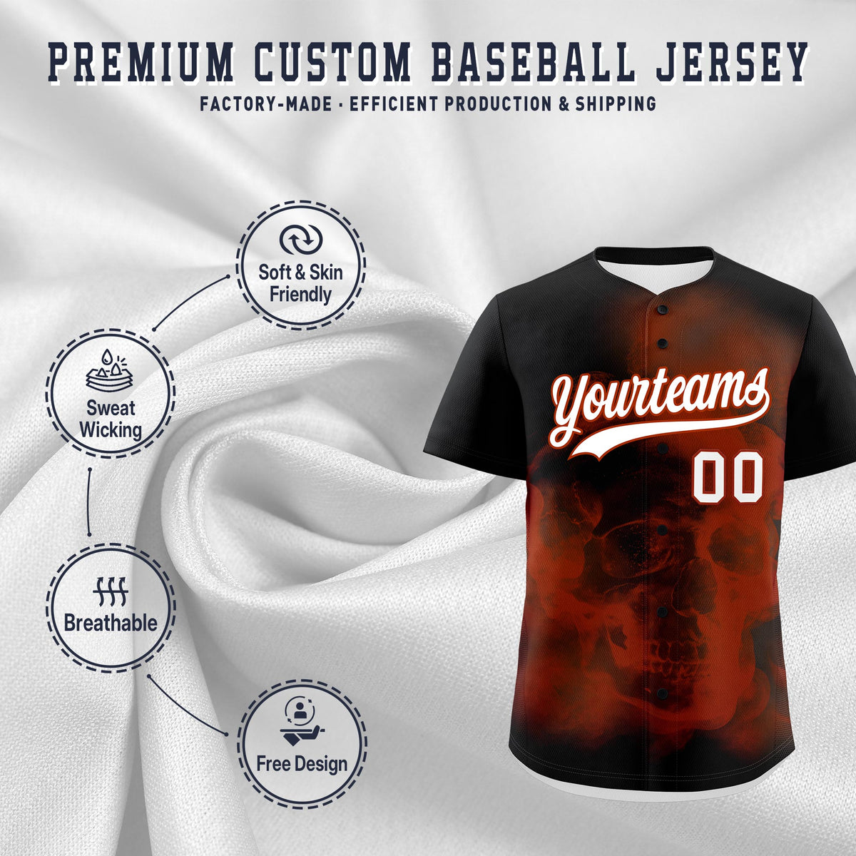 Custom Black Dark Orange White skeleton Graffiti Pattern Quick Dry Baseball Jersey| KXKSHOP