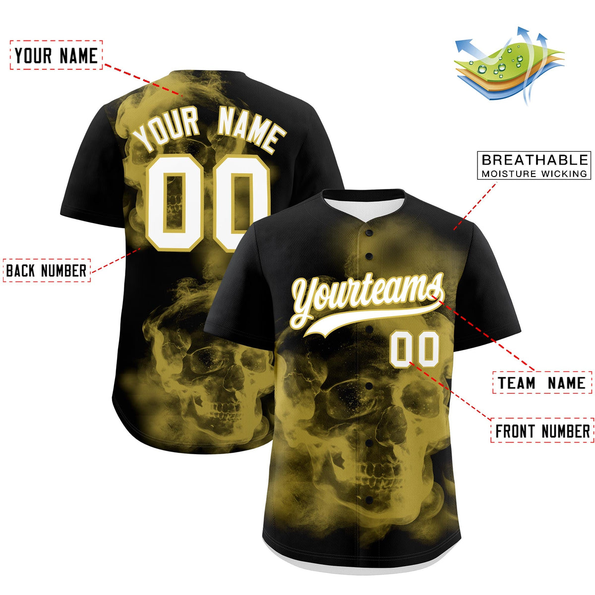 Custom Black Old Gold White skeleton Graffiti Pattern Lightweight Baseball Jersey| KXKSHOP