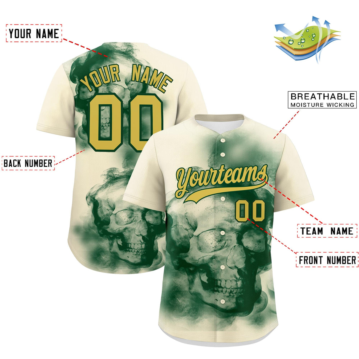 Custom Cream Dark Green Old Gold skeleton Graffiti Pattern Quick Dry Baseball Jersey| KXKSHOP