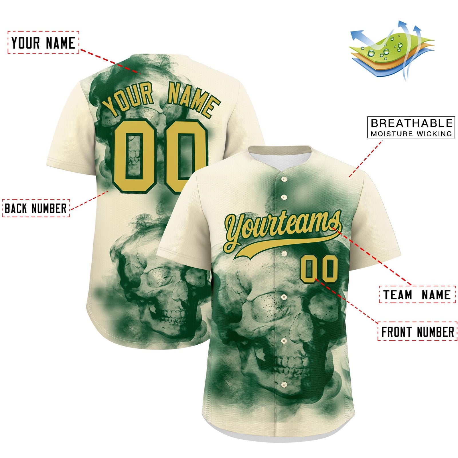 Custom Cream Dark Green Old Gold skeleton Graffiti Pattern Quick Dry Baseball Jersey| KXKSHOP