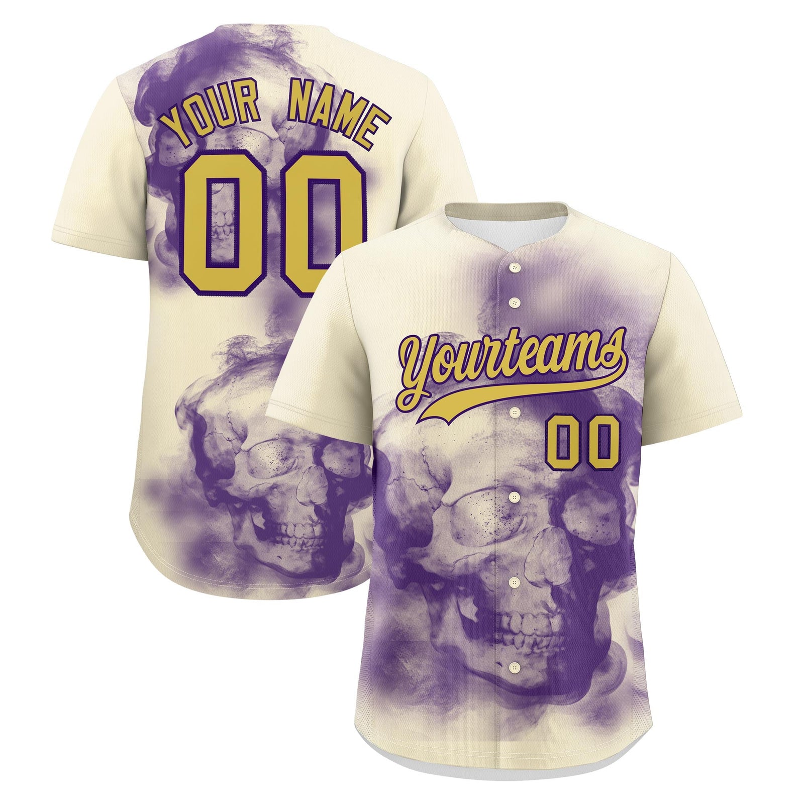 Custom Cream Purple Old Gold skeleton Graffiti Pattern Lightweight Baseball Jersey| KXKSHOP