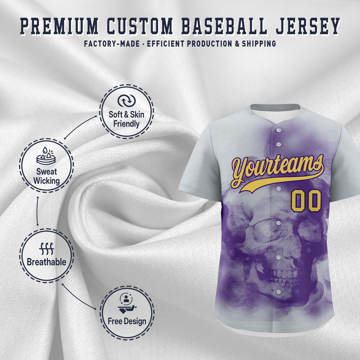 Custom Silver Purple Old Gold skeleton Graffiti Pattern Lightweight Baseball Jersey| KXKSHOP
