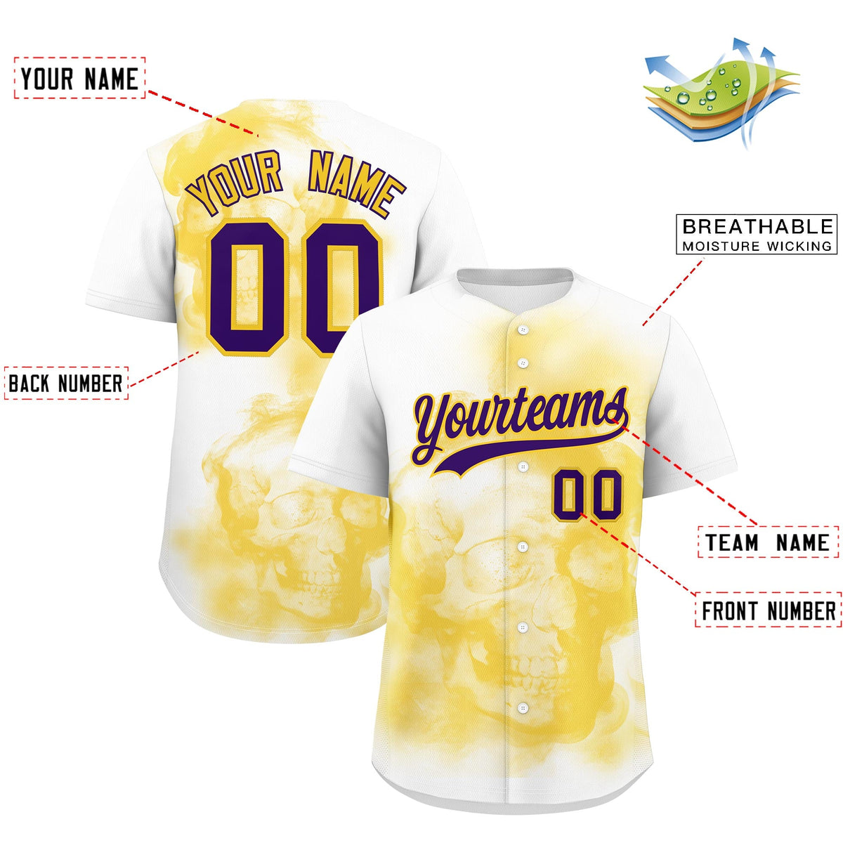 Custom White Gold Purple skeleton Graffiti Pattern Quick Dry Baseball Jersey| KXKSHOP