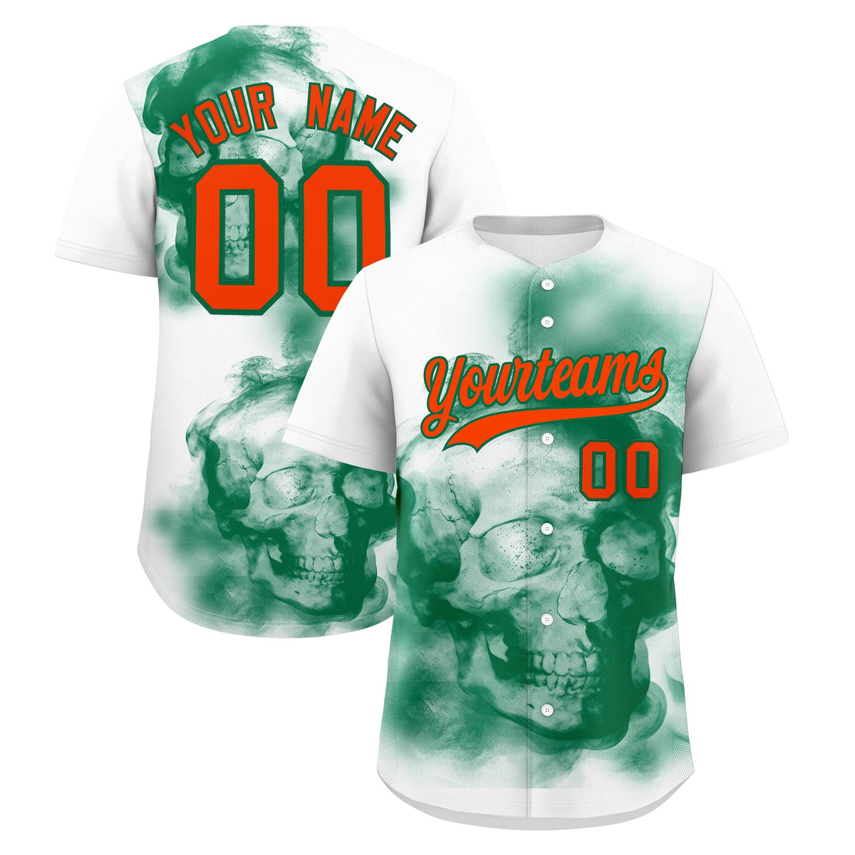 Custom White Kelly Green Orange skeleton Graffiti Pattern Quick Dry Baseball Jersey| KXKSHOP