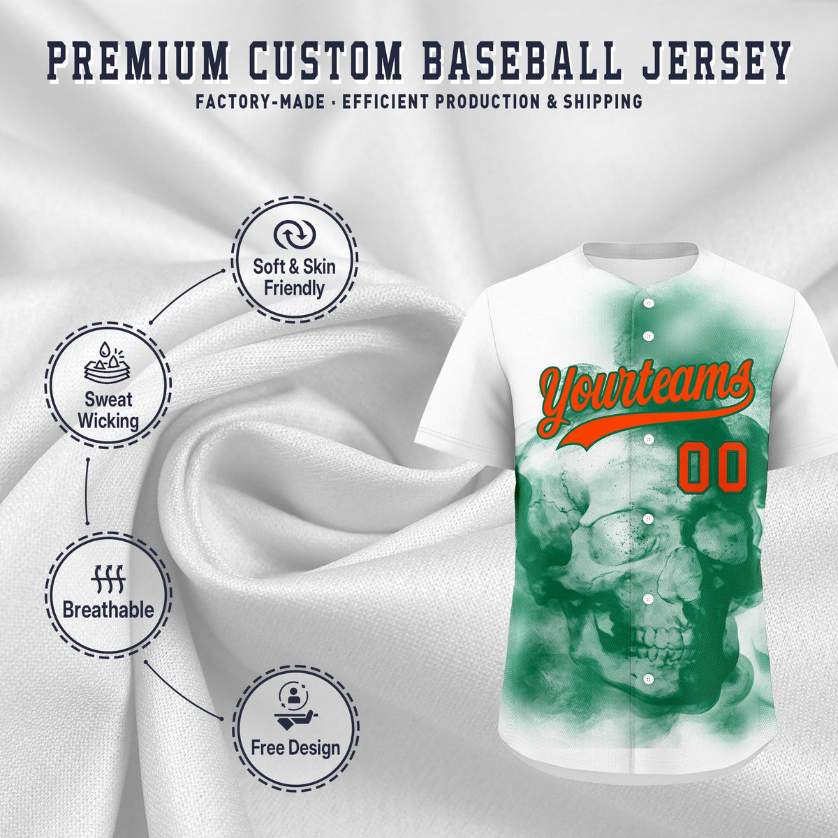 Custom White Kelly Green Orange skeleton Graffiti Pattern Quick Dry Baseball Jersey| KXKSHOP