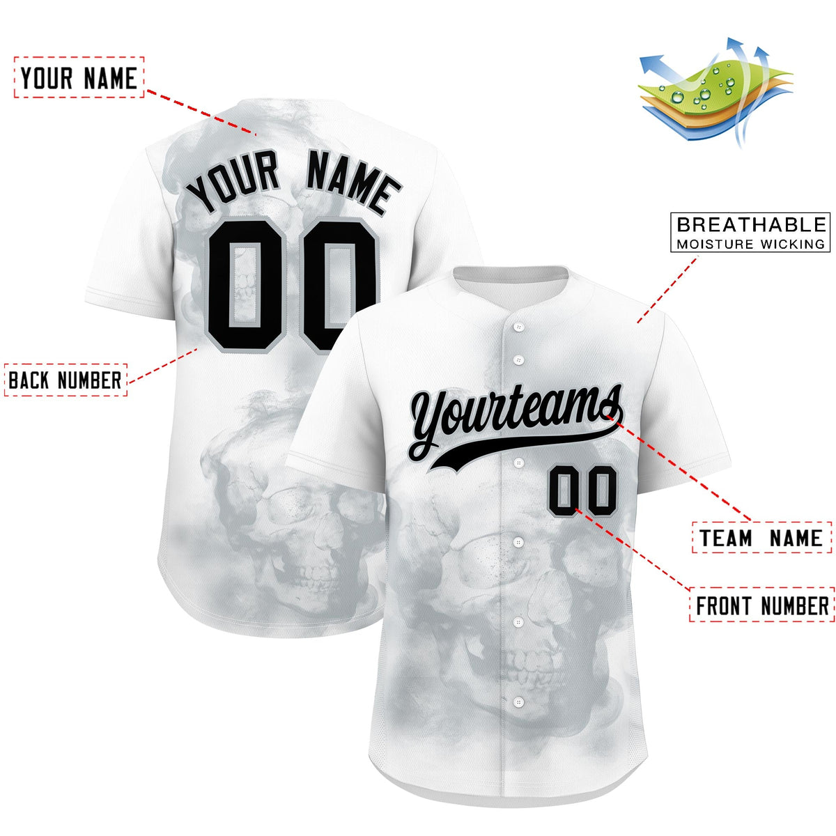 Custom White Silver Black skeleton Graffiti Pattern Quick Dry Baseball Jersey| KXKSHOP