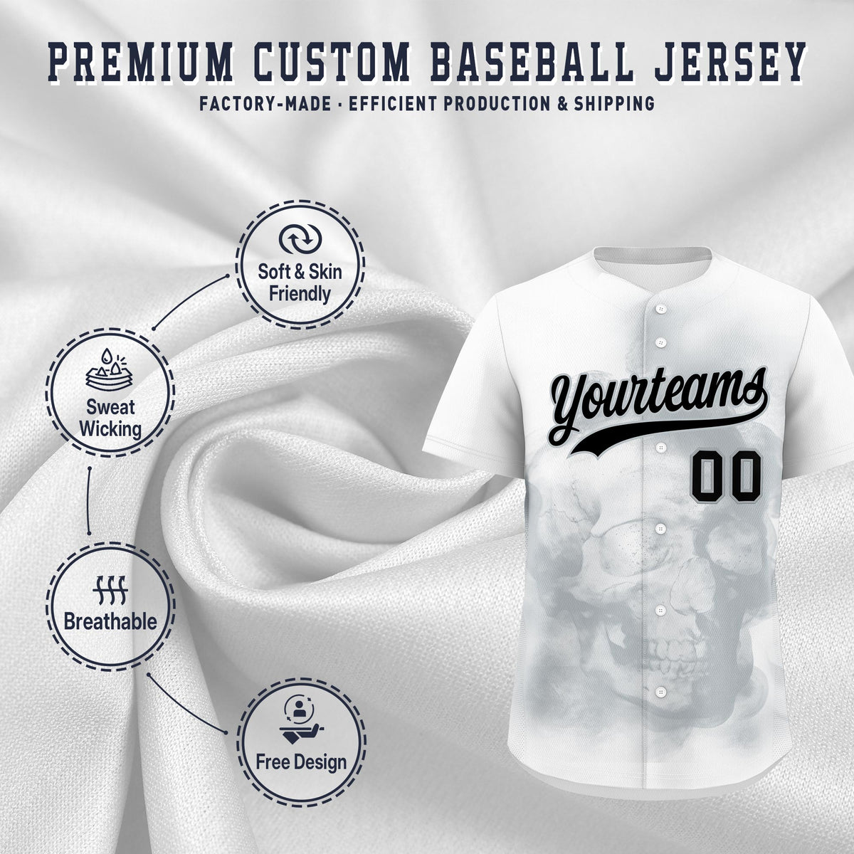 Custom White Silver Black skeleton Graffiti Pattern Quick Dry Baseball Jersey| KXKSHOP