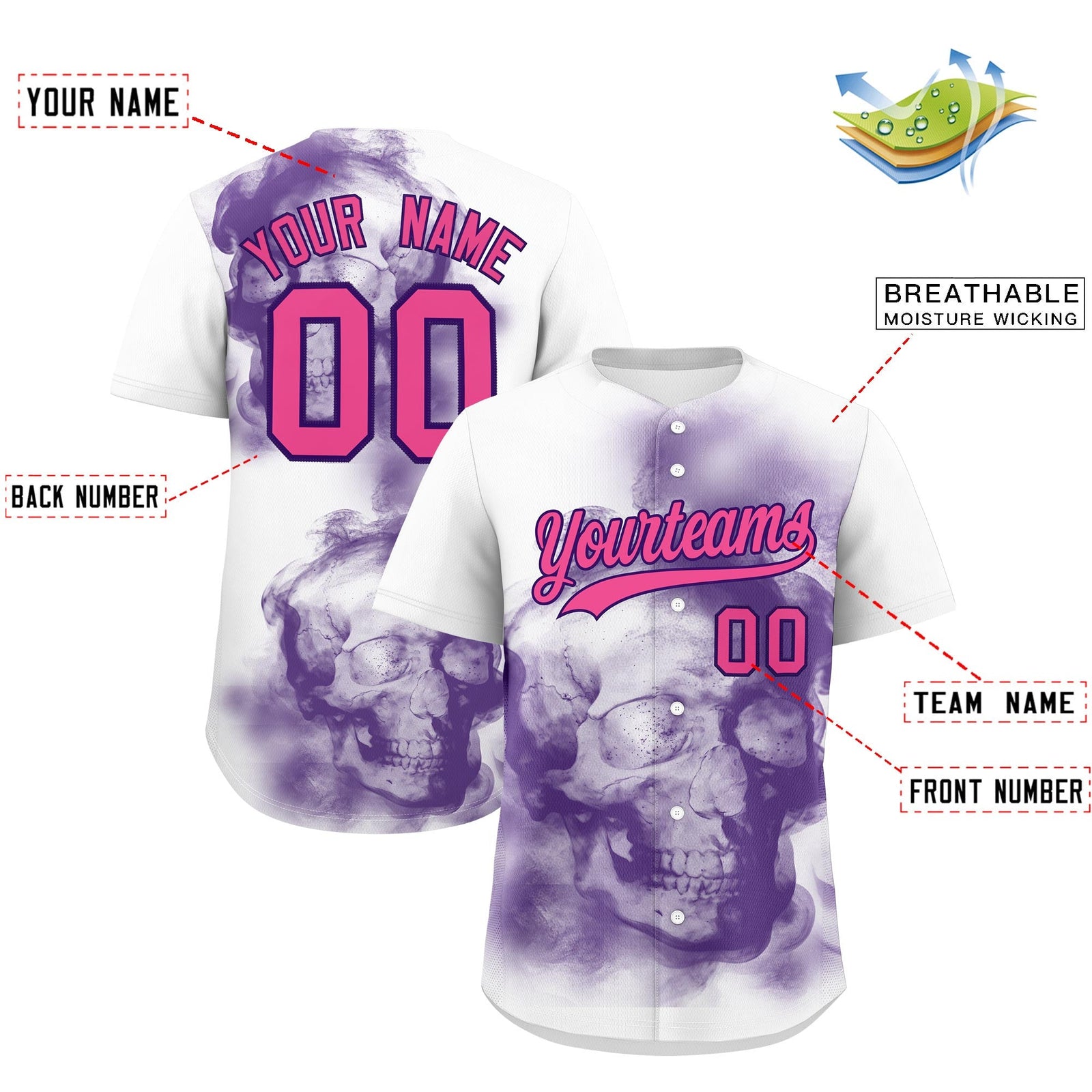 Custom White Purple Pink skeleton Graffiti Pattern Quick Dry Baseball Jersey| KXKSHOP