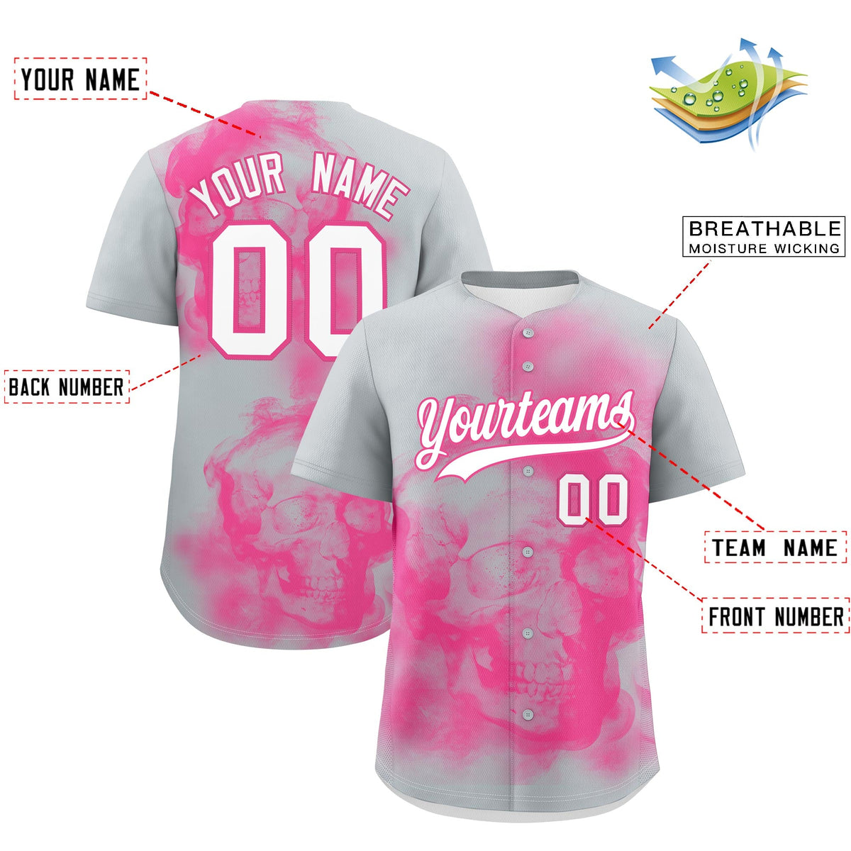 Custom Silver Pink White skeleton Graffiti Pattern Lightweight Baseball Jersey| KXKSHOP