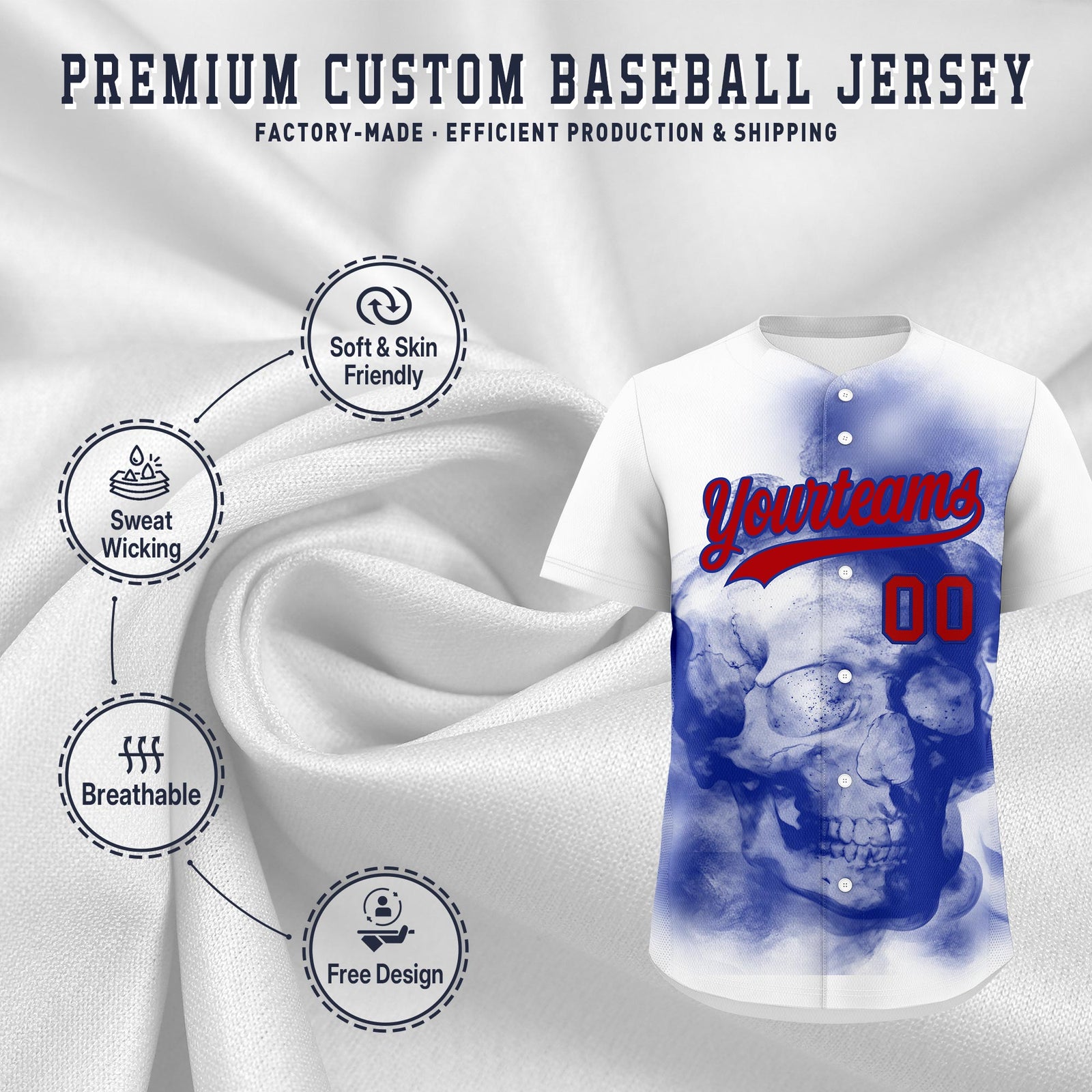 Custom White Royal Blue Red skeleton Graffiti Pattern Quick Dry Baseball Jersey| KXKSHOP
