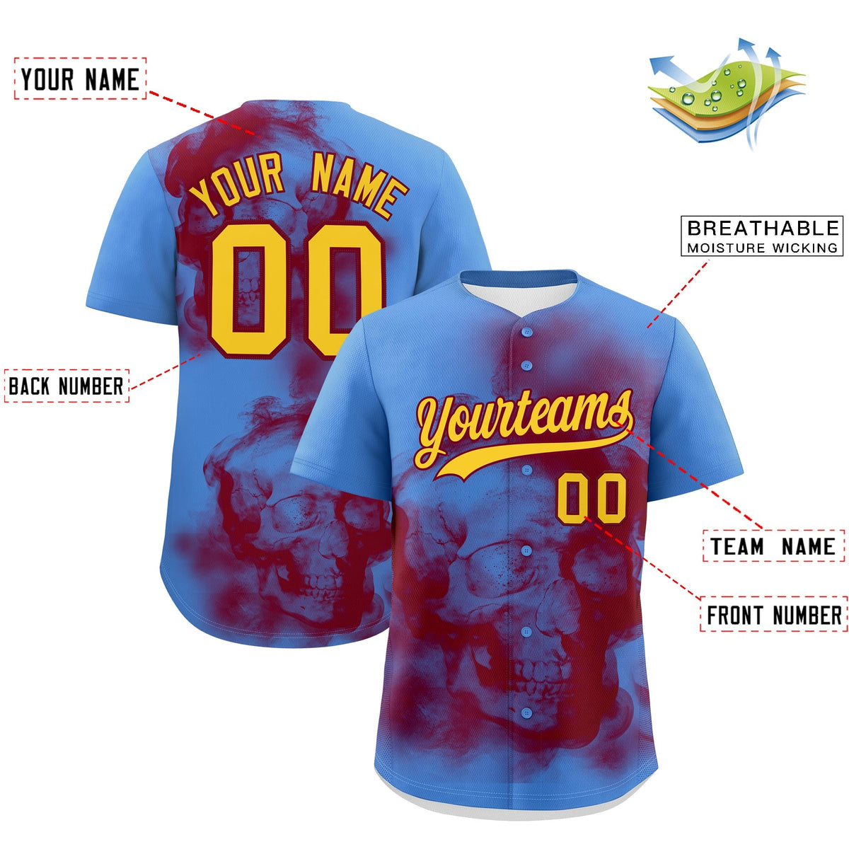 Custom Powder Blue Crimson Gold skeleton Graffiti Pattern Quick Dry Baseball Jersey| KXKSHOP