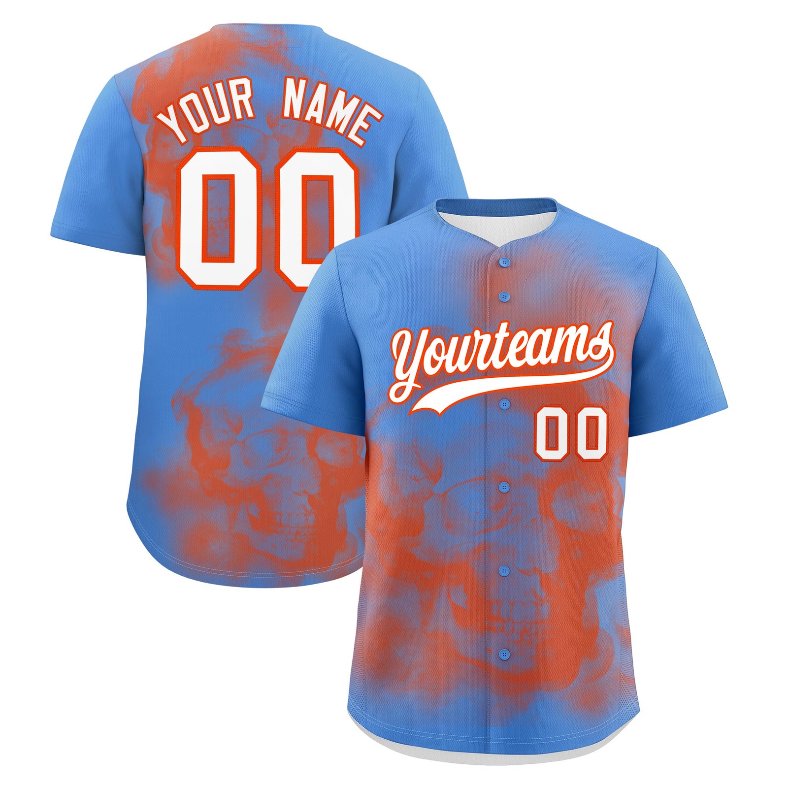 Custom Powder Blue Orange White skeleton Graffiti Pattern Lightweight Baseball Jersey| KXKSHOP