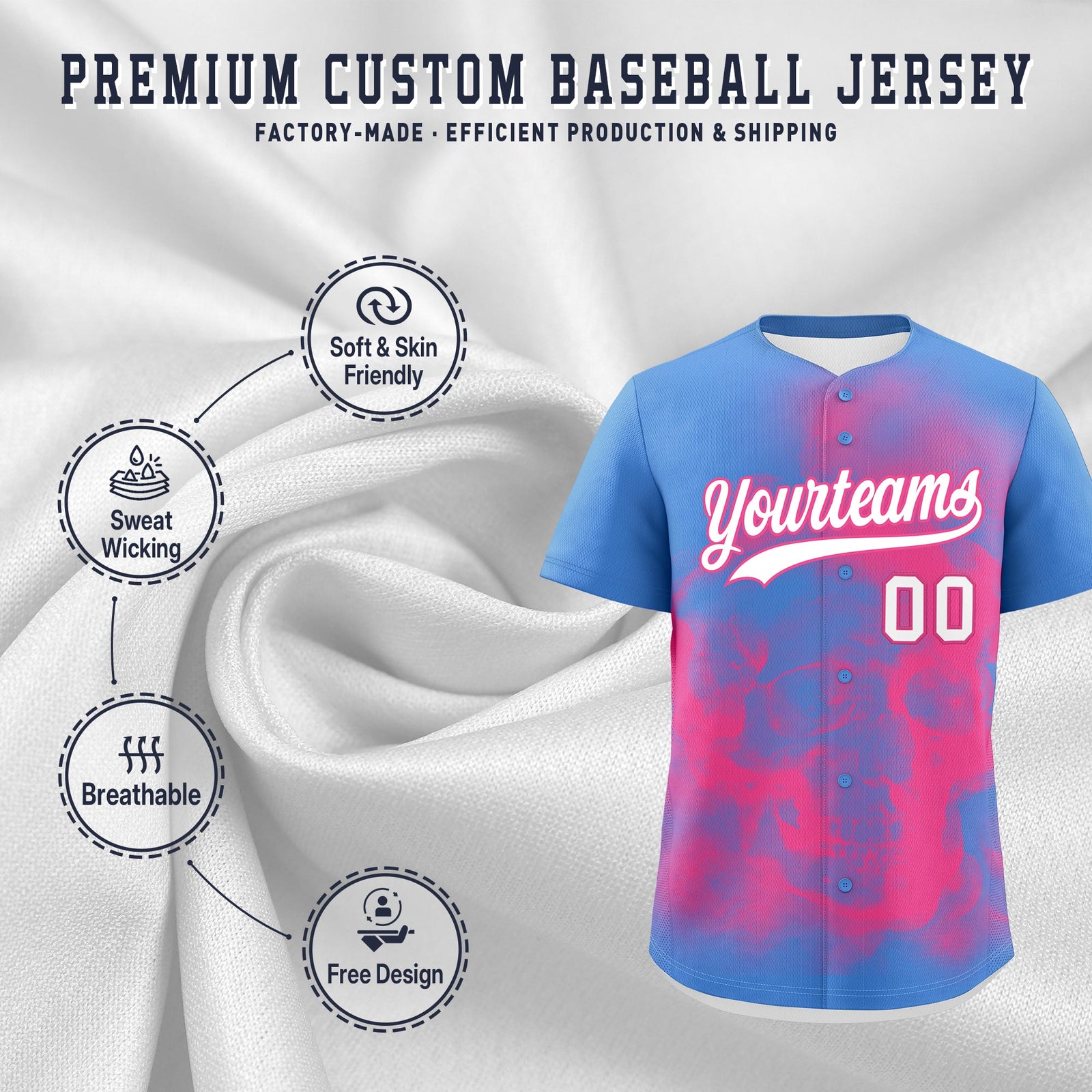 Custom Powder Blue Pink White skeleton Graffiti Pattern Quick Dry Baseball Jersey| KXKSHOP