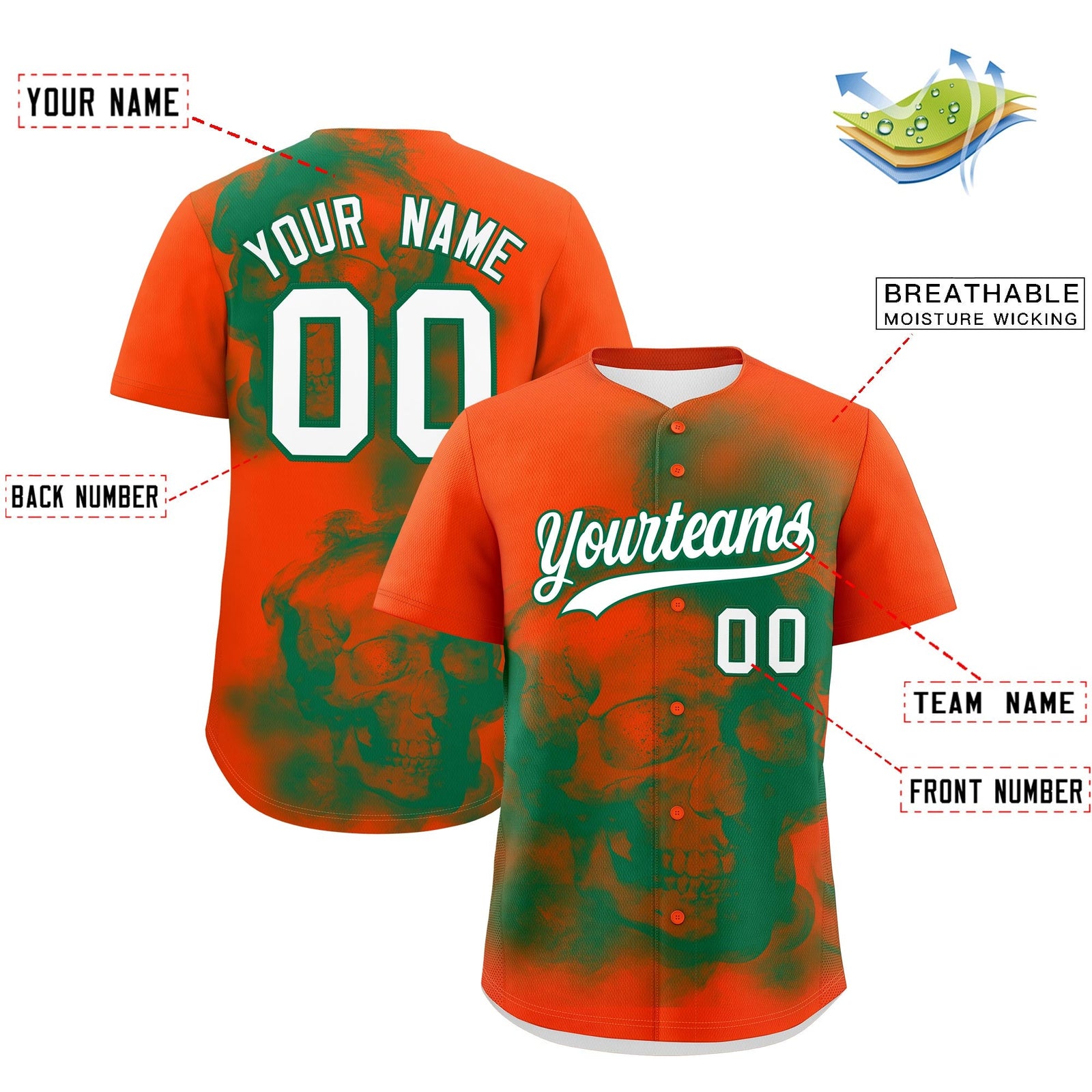 Custom Orange Kelly Green White skeleton Graffiti Pattern Quick Dry Baseball Jersey| KXKSHOP