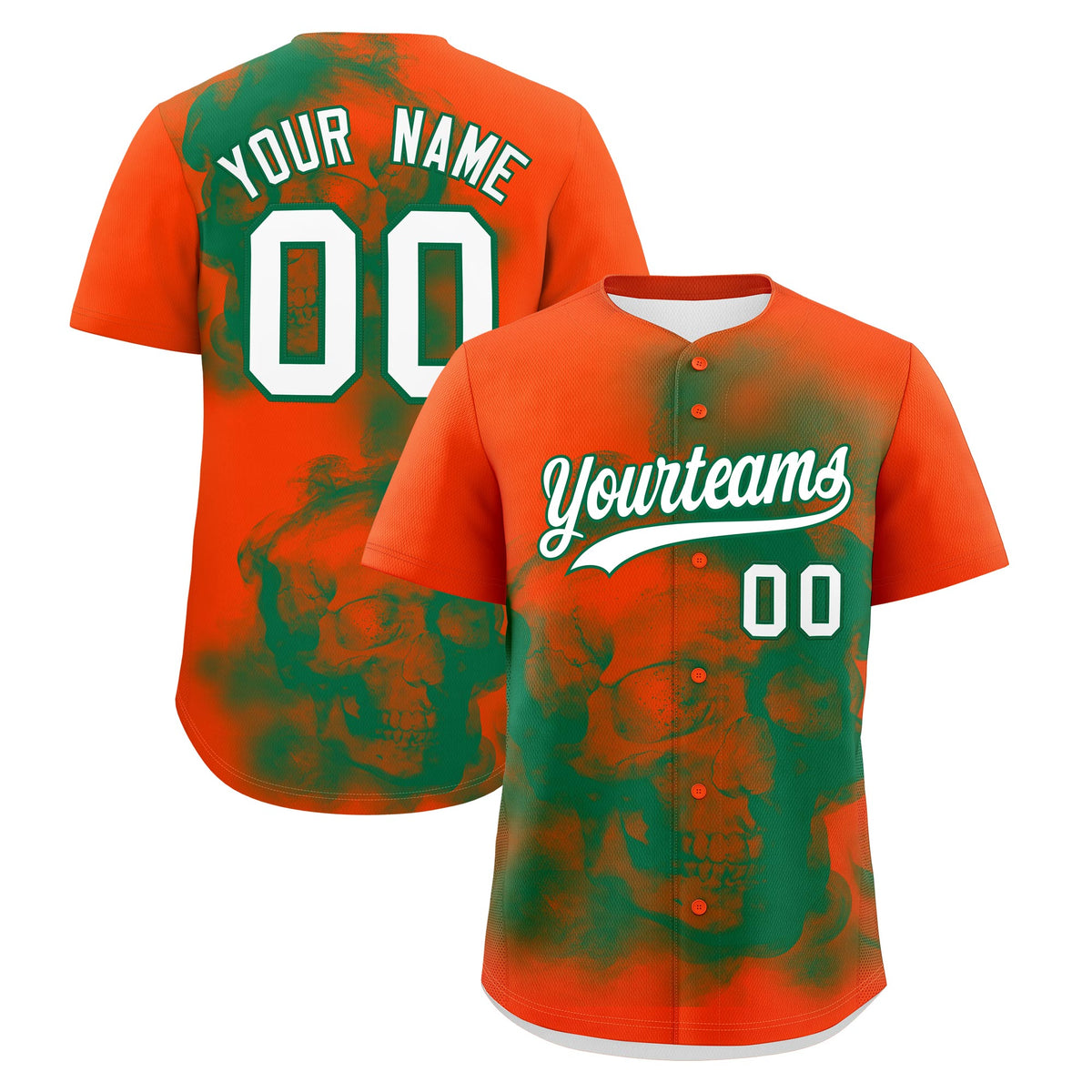 Custom Orange Kelly Green White skeleton Graffiti Pattern Quick Dry Baseball Jersey| KXKSHOP