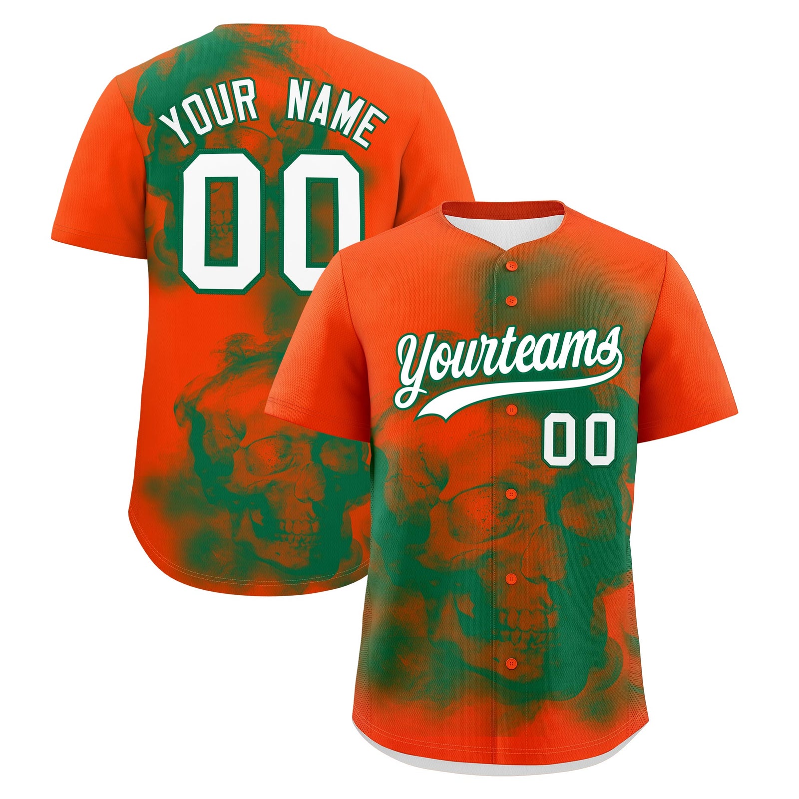 Custom Orange Kelly Green White skeleton Graffiti Pattern Quick Dry Baseball Jersey| KXKSHOP