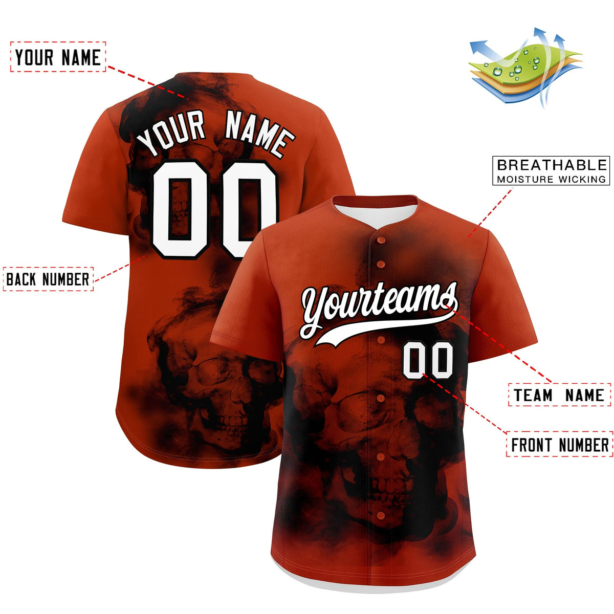 Custom Dark Orange Black White skeleton Graffiti Pattern Quick Dry Baseball Jersey| KXKSHOP