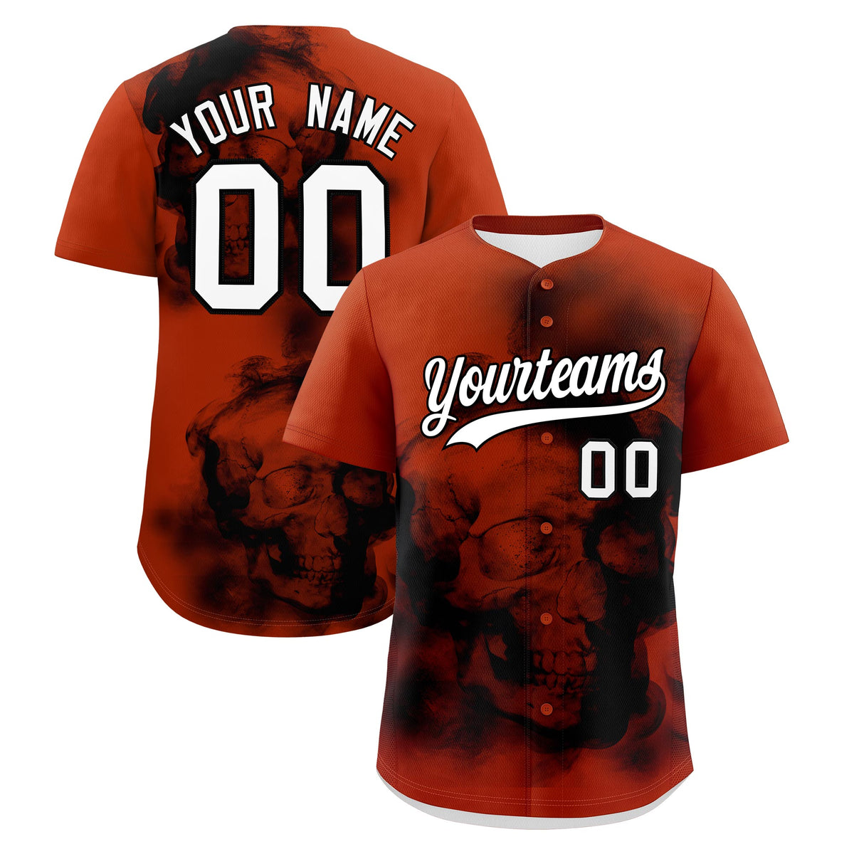 Custom Dark Orange Black White skeleton Graffiti Pattern Quick Dry Baseball Jersey| KXKSHOP