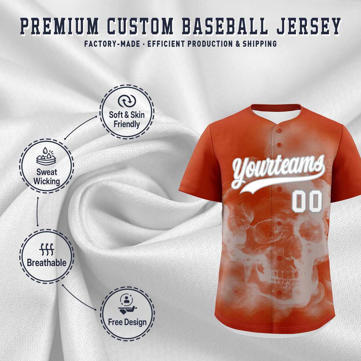 Custom Dark Orange Silver White skeleton Graffiti Pattern Lightweight Baseball Jersey| KXKSHOP