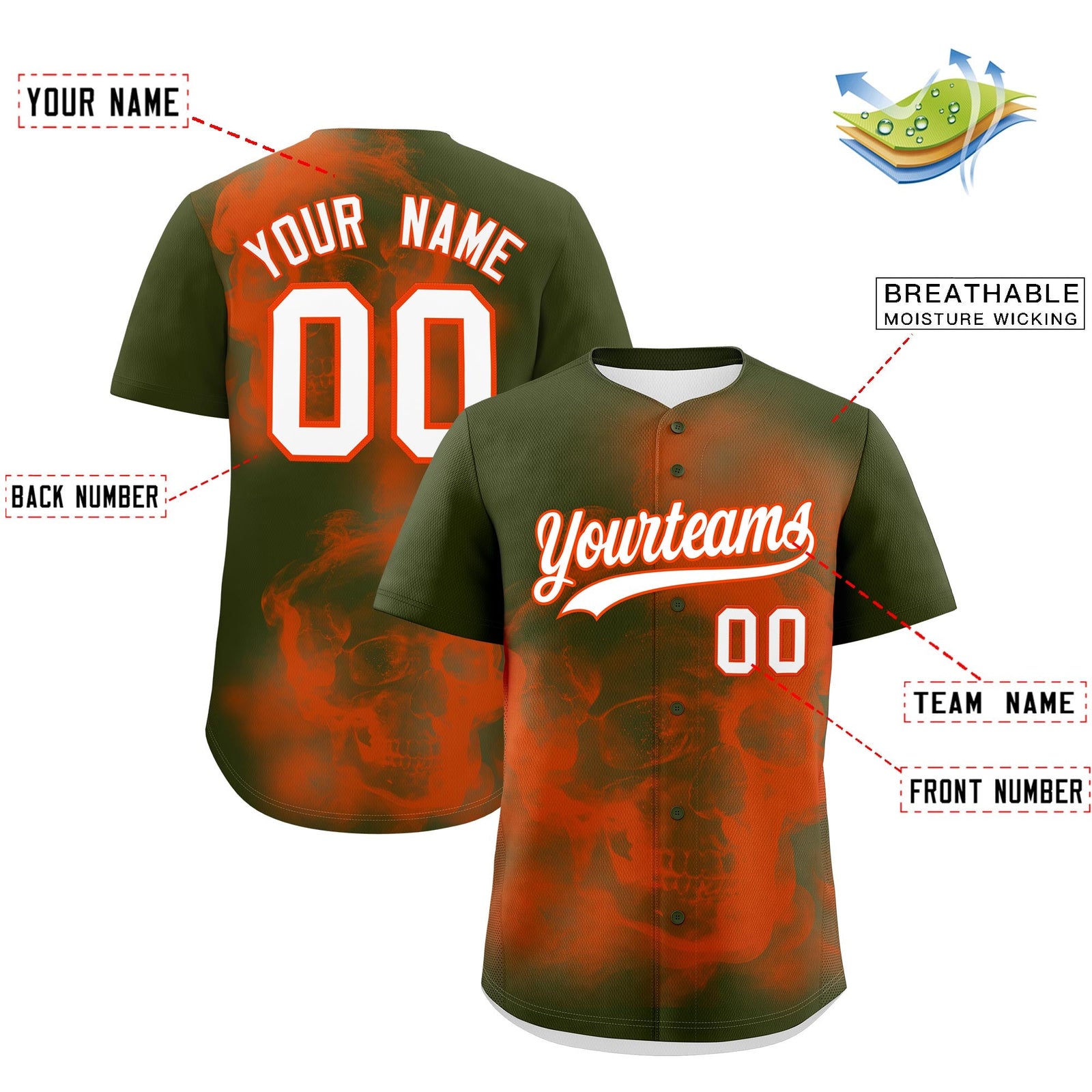 Custom Olive Orange White skeleton Graffiti Pattern Lightweight Baseball Jersey| KXKSHOP