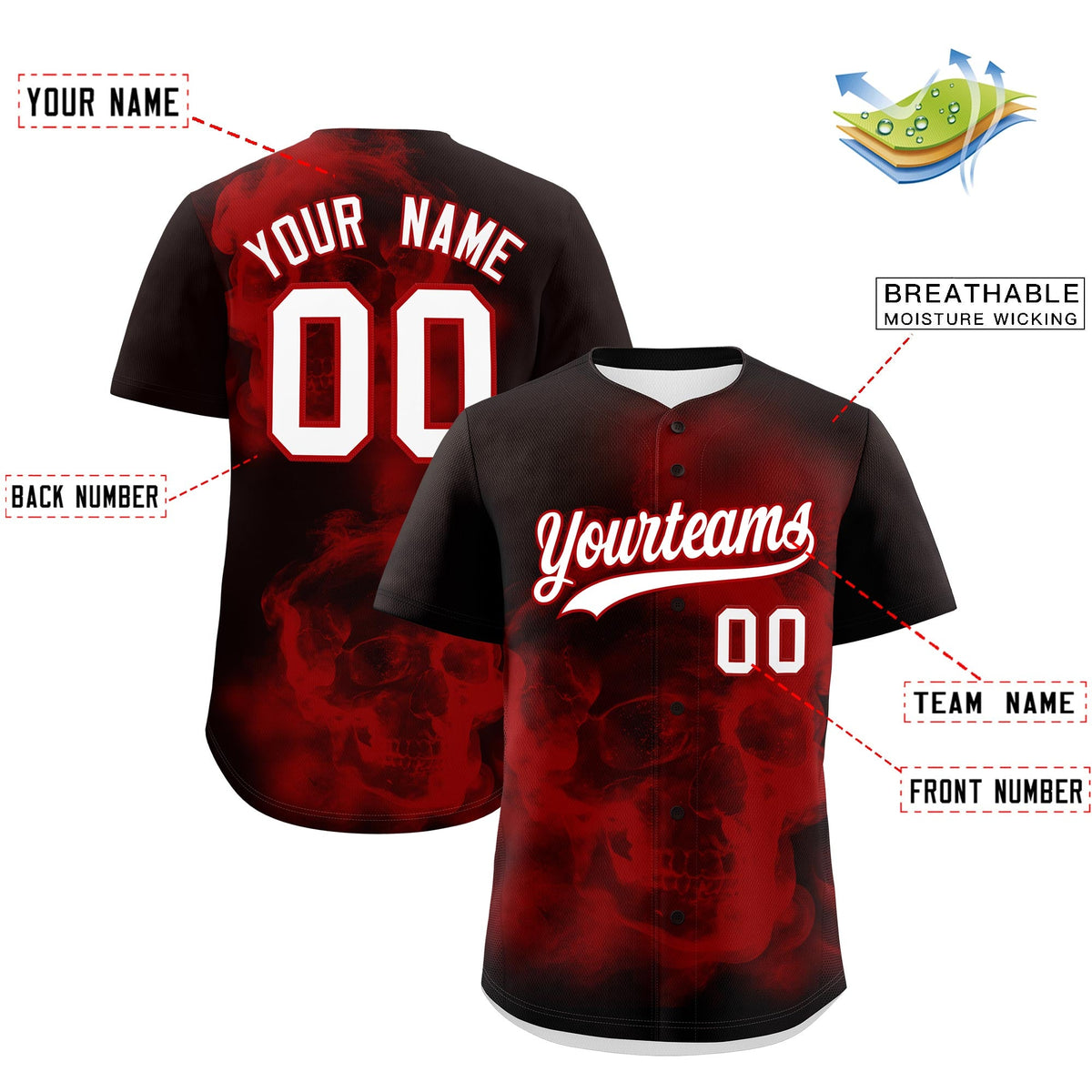 Custom Brown Red White skeleton Graffiti Pattern Lightweight Baseball Jersey| KXKSHOP