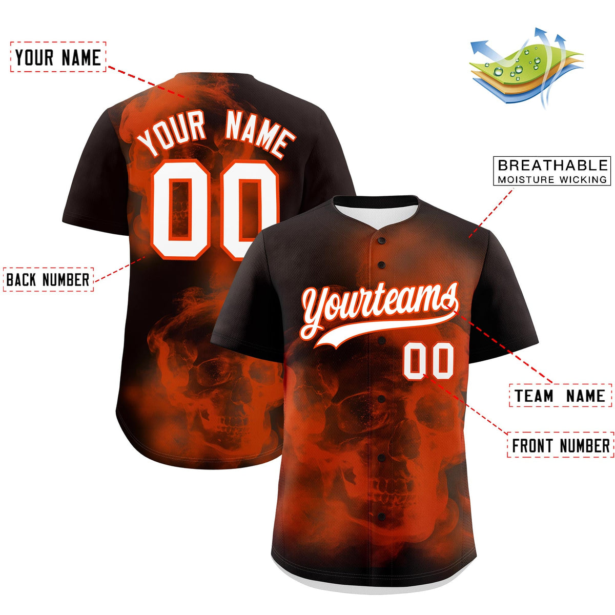 Custom Brown Orange White skeleton Graffiti Pattern Quick Dry Baseball Jersey| KXKSHOP