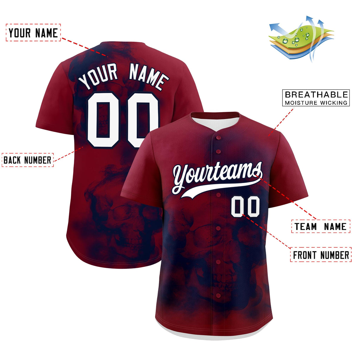 Custom Crimson Navy White skeleton Graffiti Pattern Lightweight Baseball Jersey| KXKSHOP