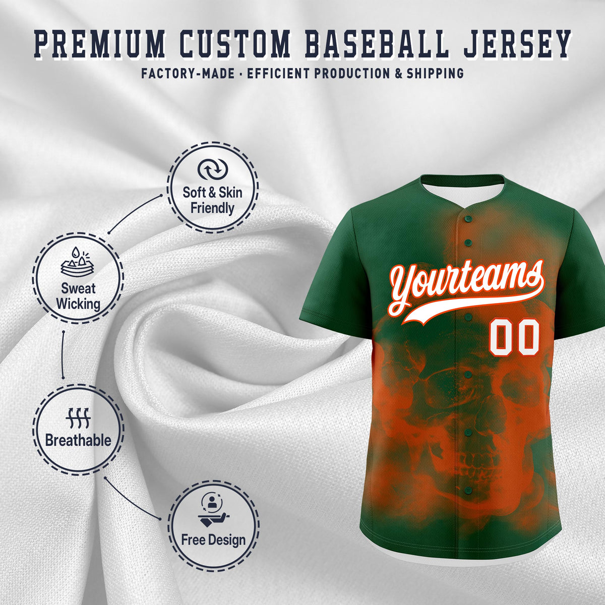 Custom Dark Green Orange White skeleton Graffiti Pattern Quick Dry Baseball Jersey| KXKSHOP