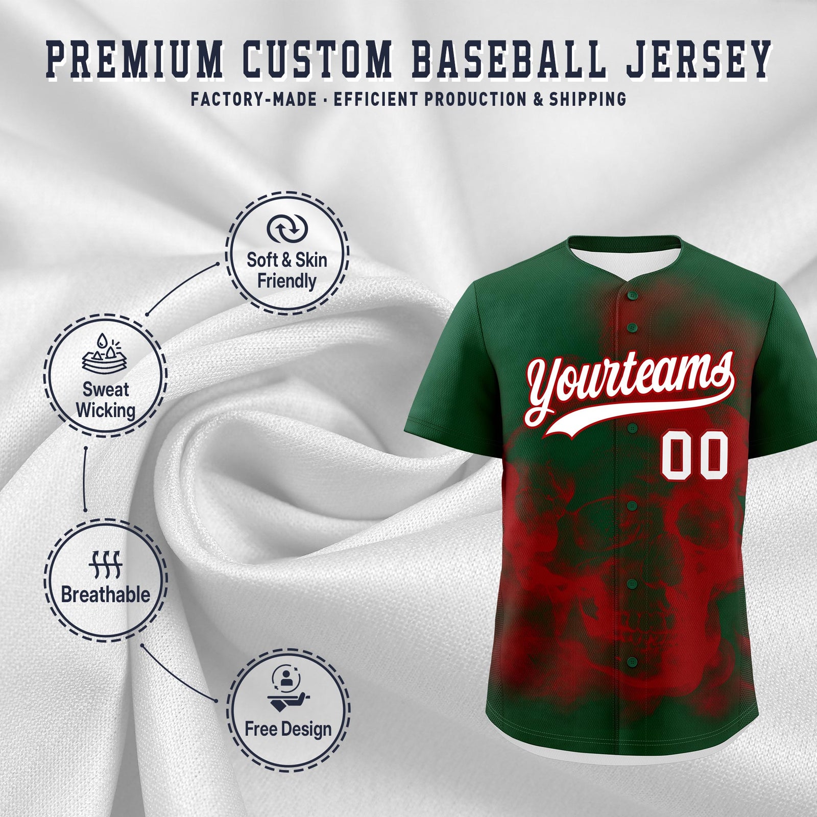 Custom Dark Green Red White skeleton Graffiti Pattern Lightweight Baseball Jersey| KXKSHOP