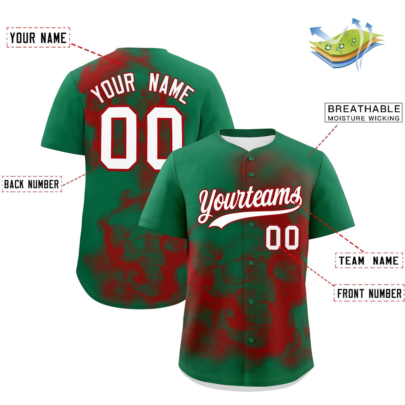 Custom Kelly Green Red White skeleton Graffiti Pattern Quick Dry Baseball Jersey| KXKSHOP