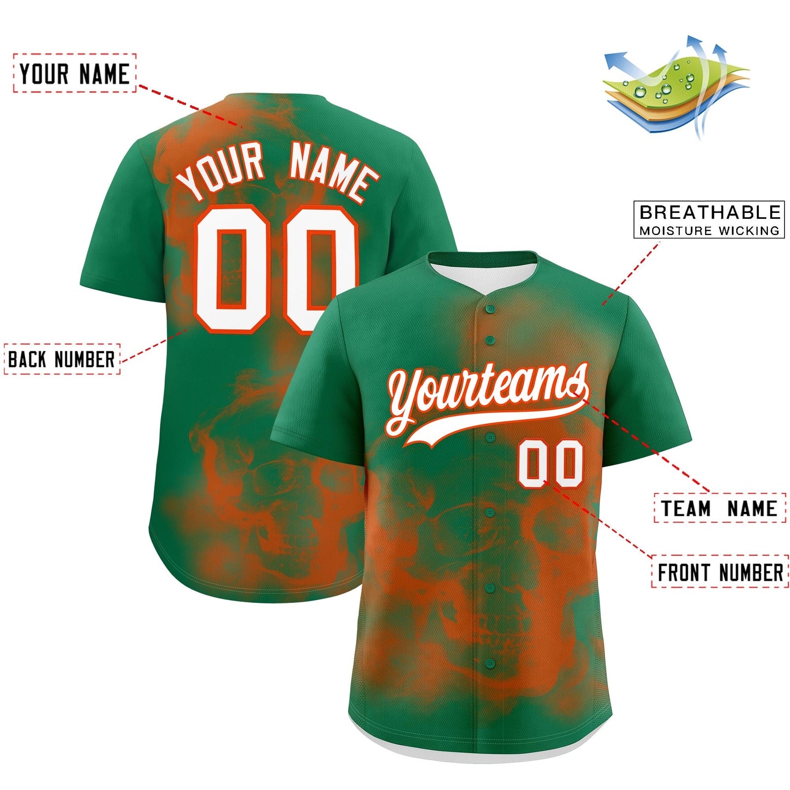 Custom Kelly Green Orange White skeleton Graffiti Pattern Lightweight Baseball Jersey| KXKSHOP