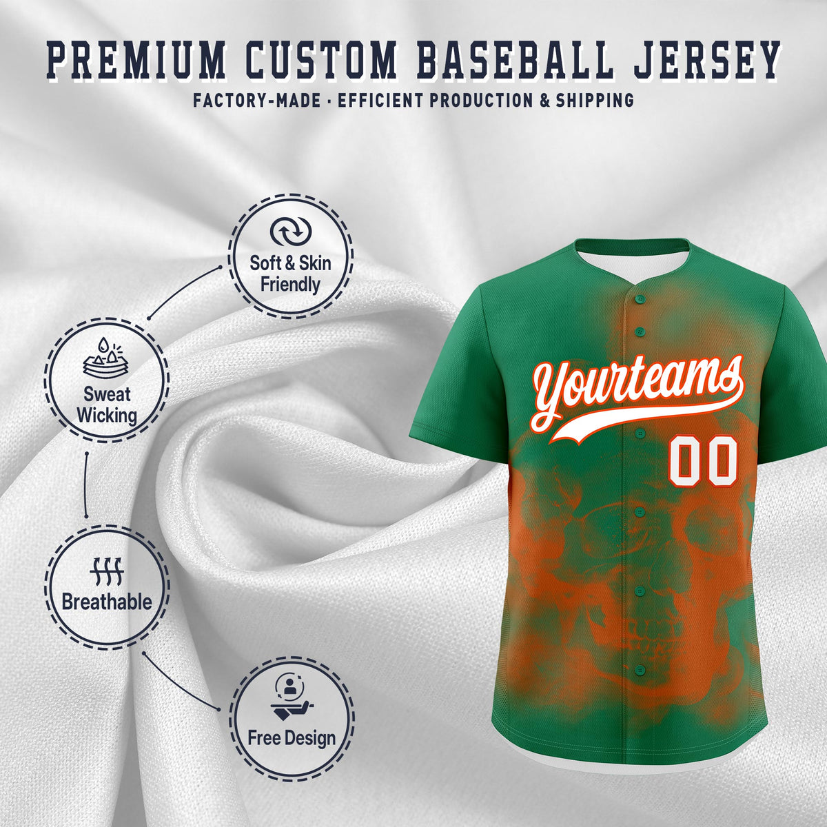 Custom Kelly Green Orange White skeleton Graffiti Pattern Lightweight Baseball Jersey| KXKSHOP