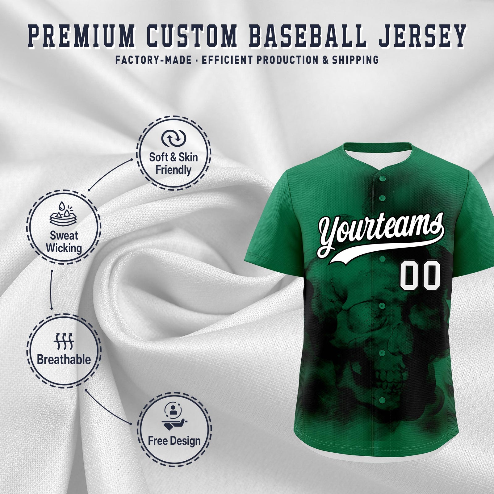 Custom Kelly Green Black White skeleton Graffiti Pattern Lightweight Baseball Jersey| KXKSHOP