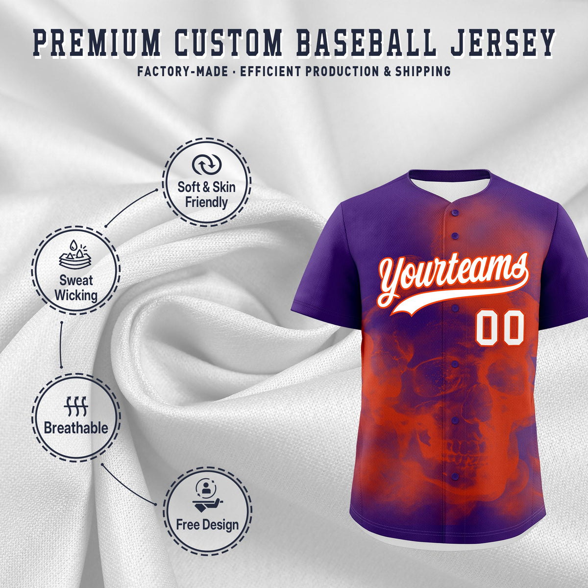 Custom Purple Orange White skeleton Graffiti Pattern Lightweight Baseball Jersey| KXKSHOP