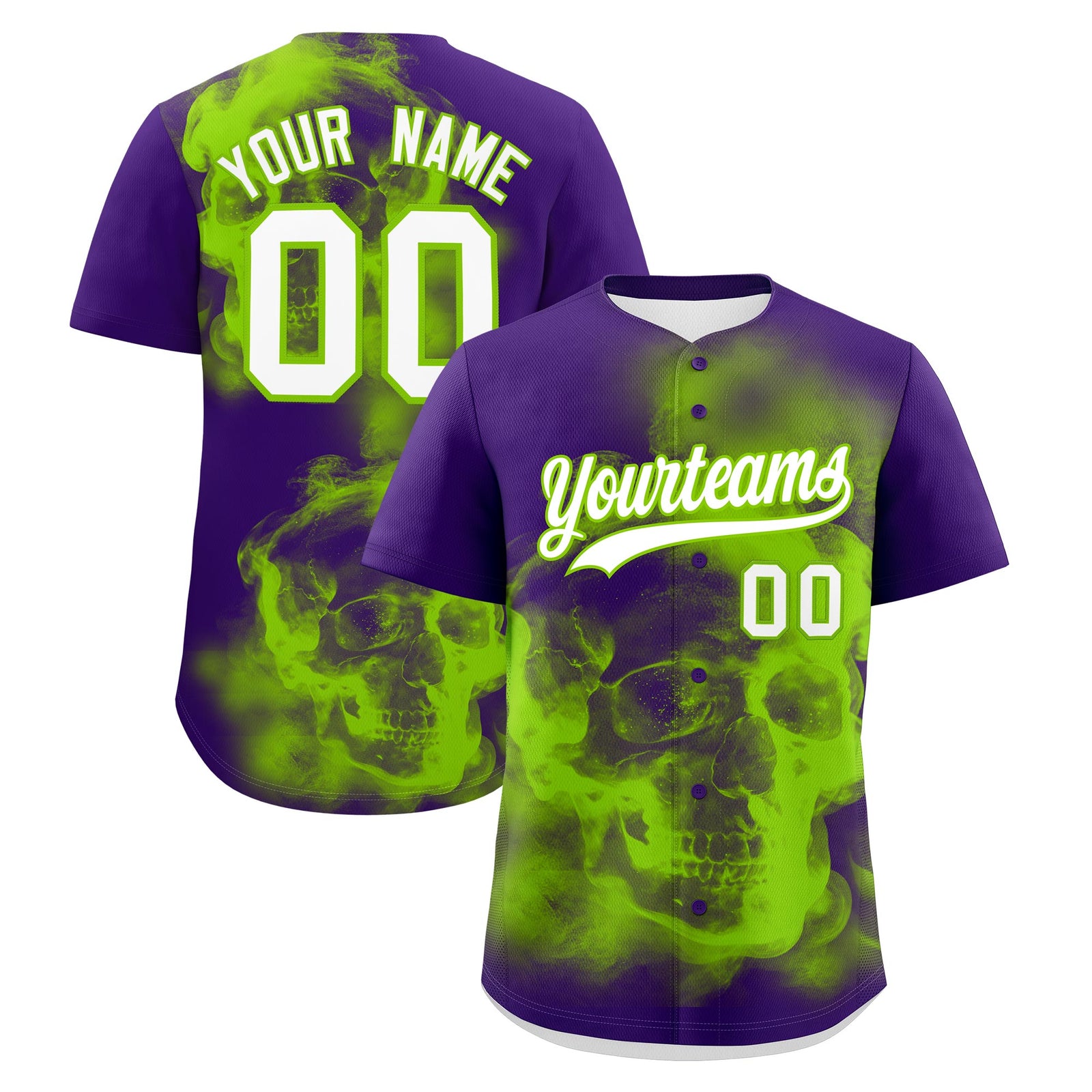 Custom Purple Neon Green White skeleton Graffiti Pattern Quick Dry Baseball Jersey| KXKSHOP